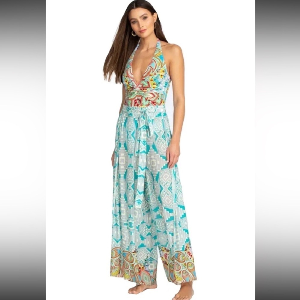 Johnny Was Teal Multi Halter Wide-Leg Jumpsuit with Paisley Trim
